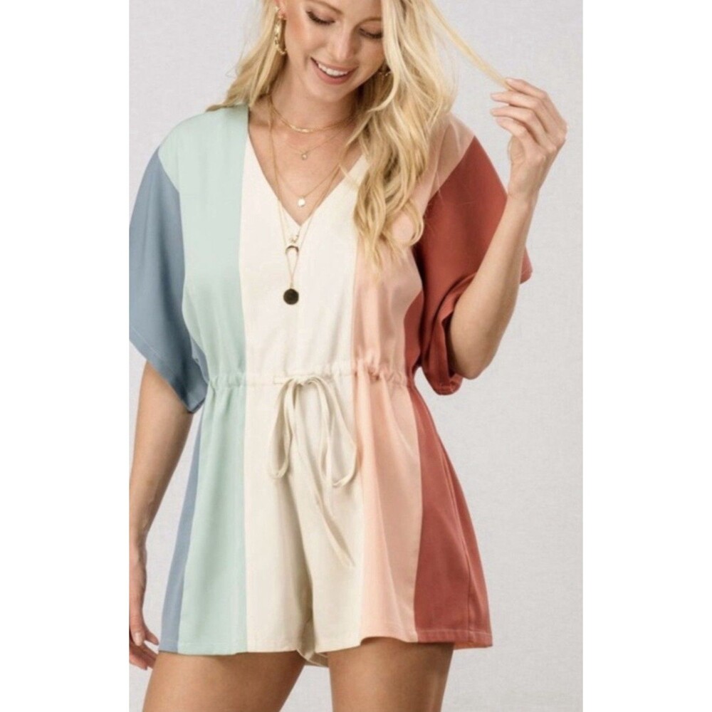 Aaron & Amber Colorblock Romper L Pastel Boho Tie Waist V Neck Short Sleeve NWT